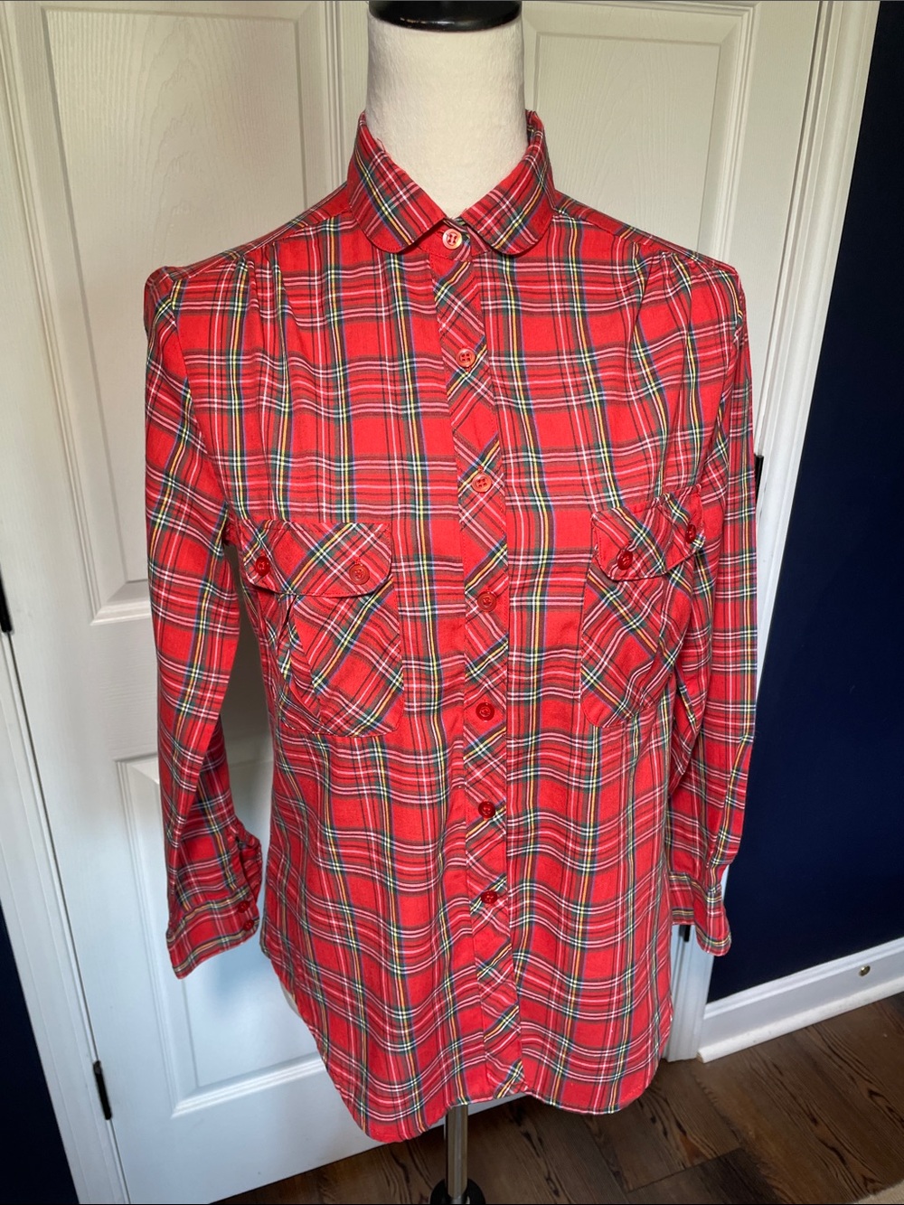 Vintage People's Republic of China Red Plaid Flannel Shirt‎ Peter Pan Collar M